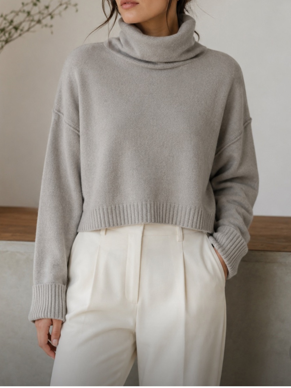 Free People Cashmere Cropped Light Gray Turtleneck Sweater